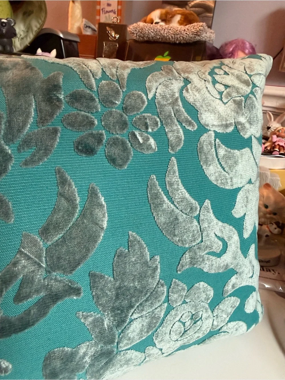 Vintage Pier 1 Imports Teal Velvet Damask Lumbar Pillow